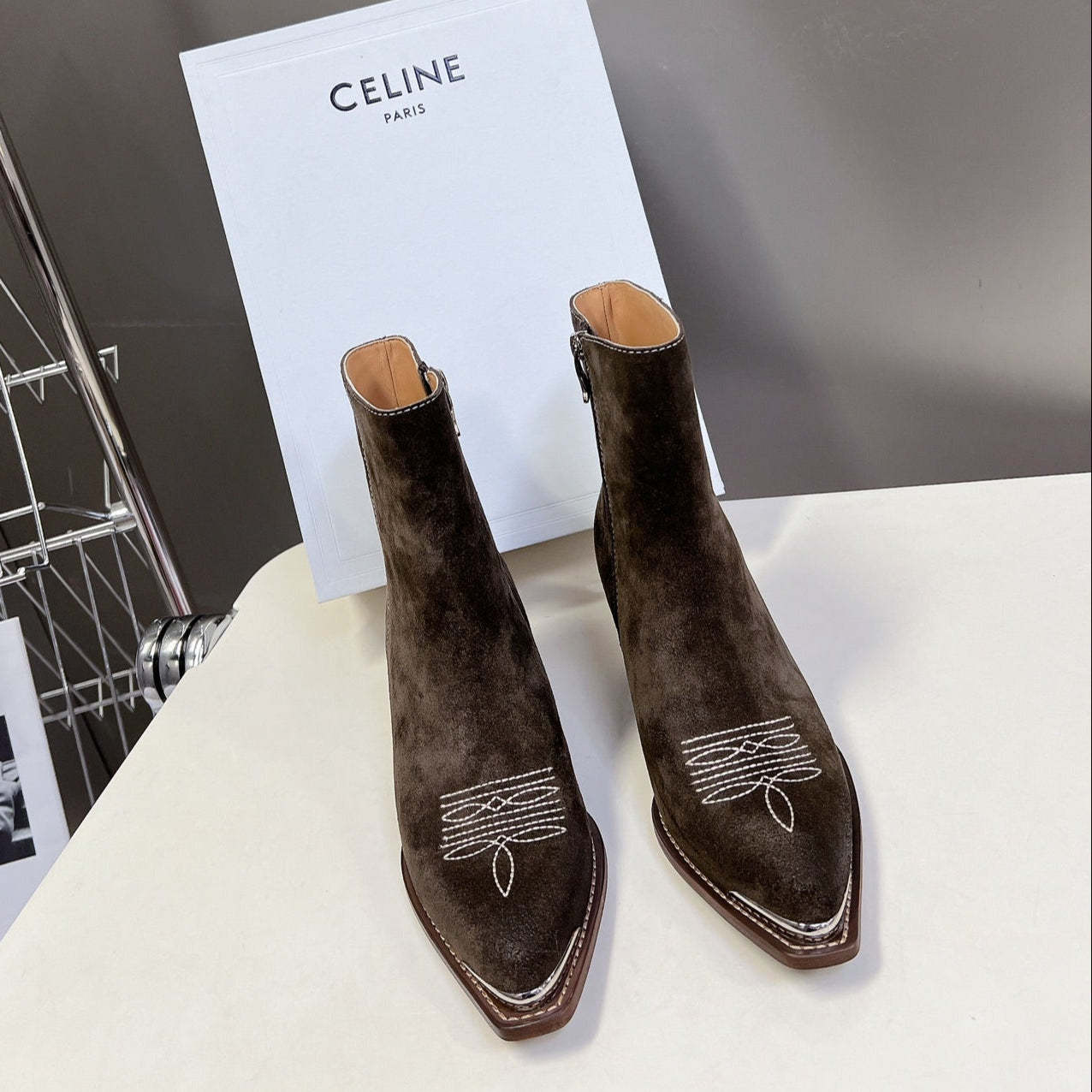CELINE 25 Cowboy Boots Dark  Brown Suede 434417