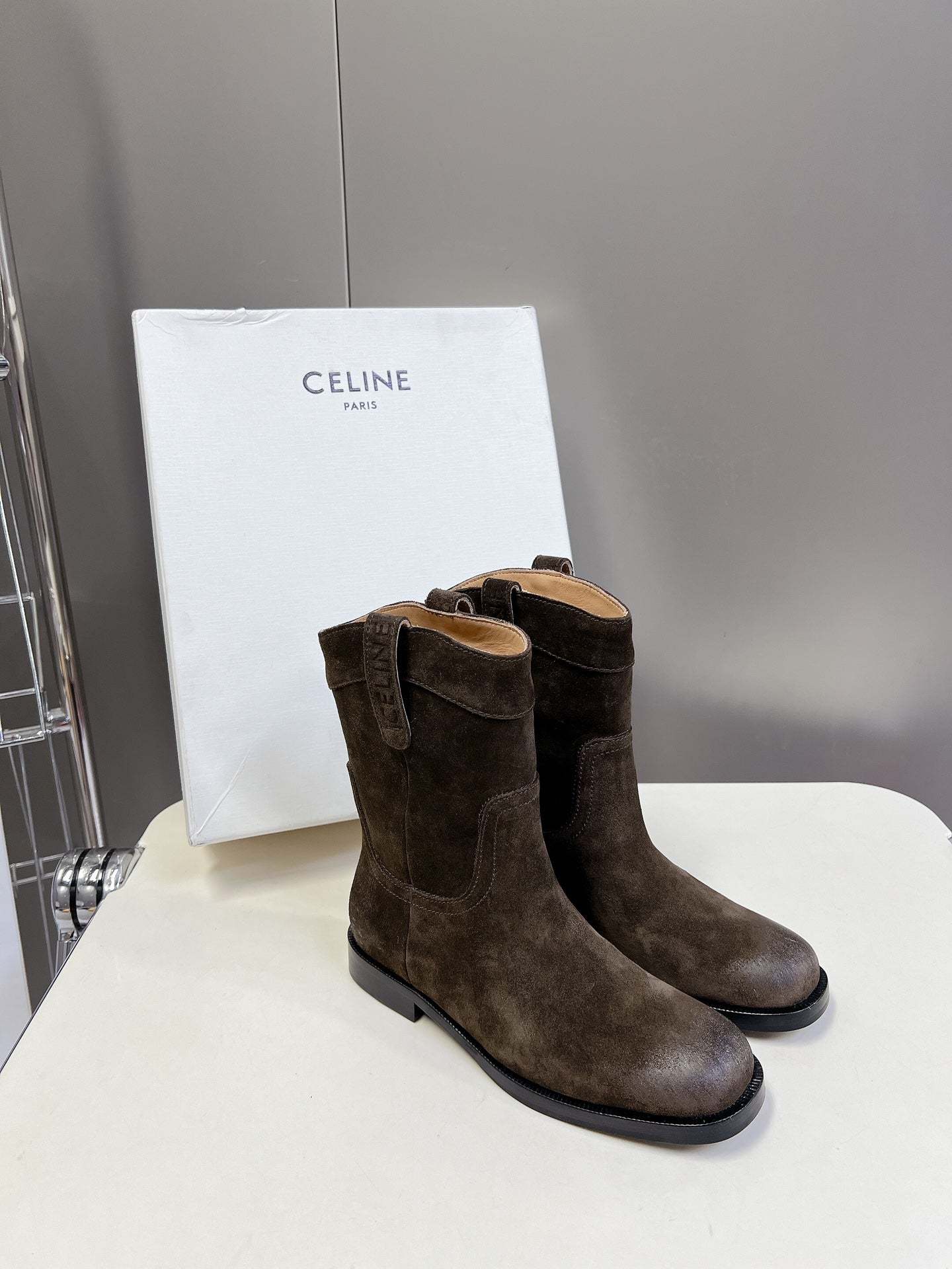 CELINE 25 cowboy boots dark brown suede 434412