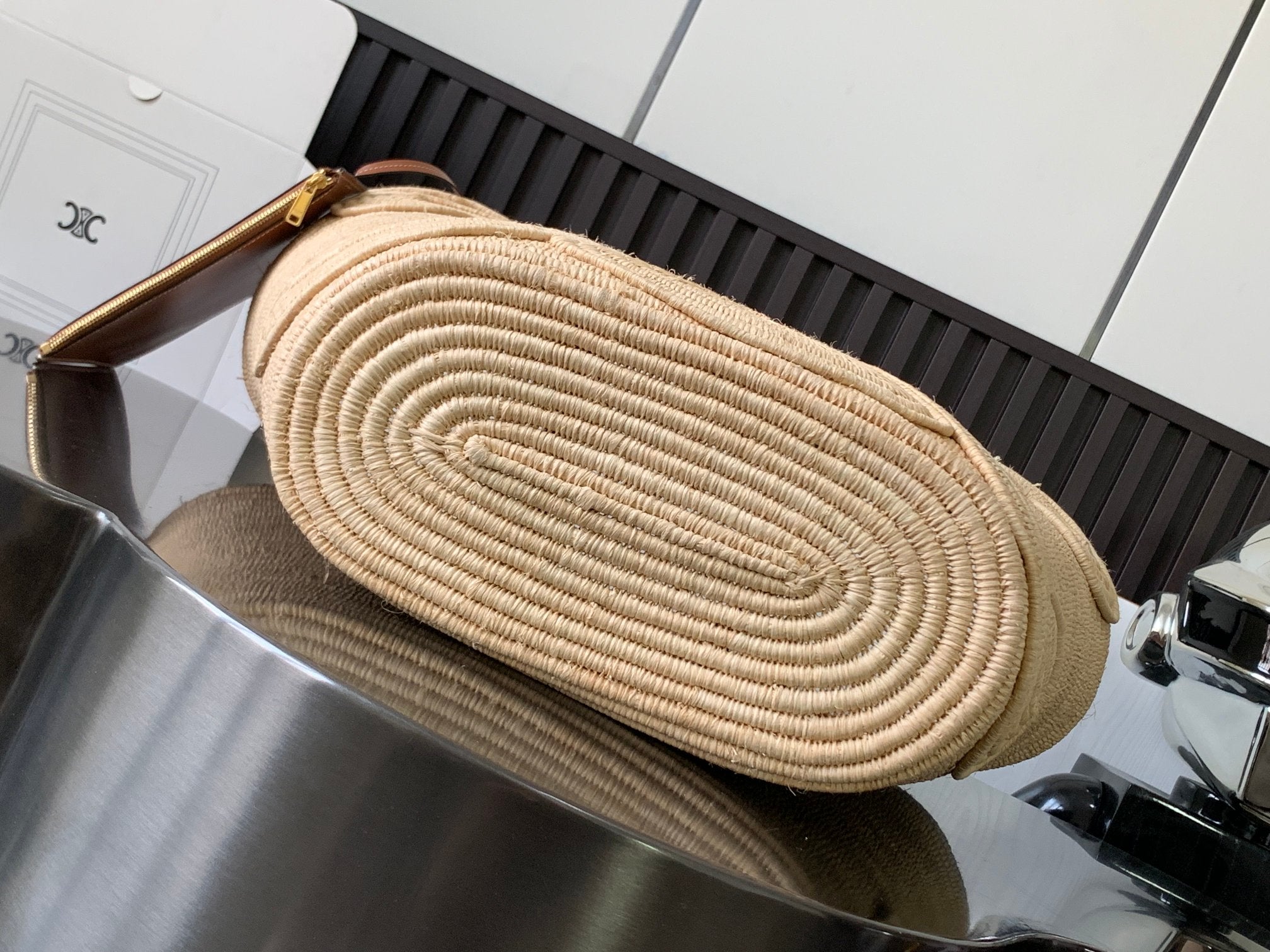 Celine Classic Panier 47cm Braieded Triomphe Beige Raffia Brown Calfskin