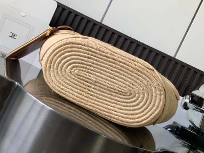 Celine Classic Panier 47cm Braieded Triomphe Beige Raffia Brown Calfskin