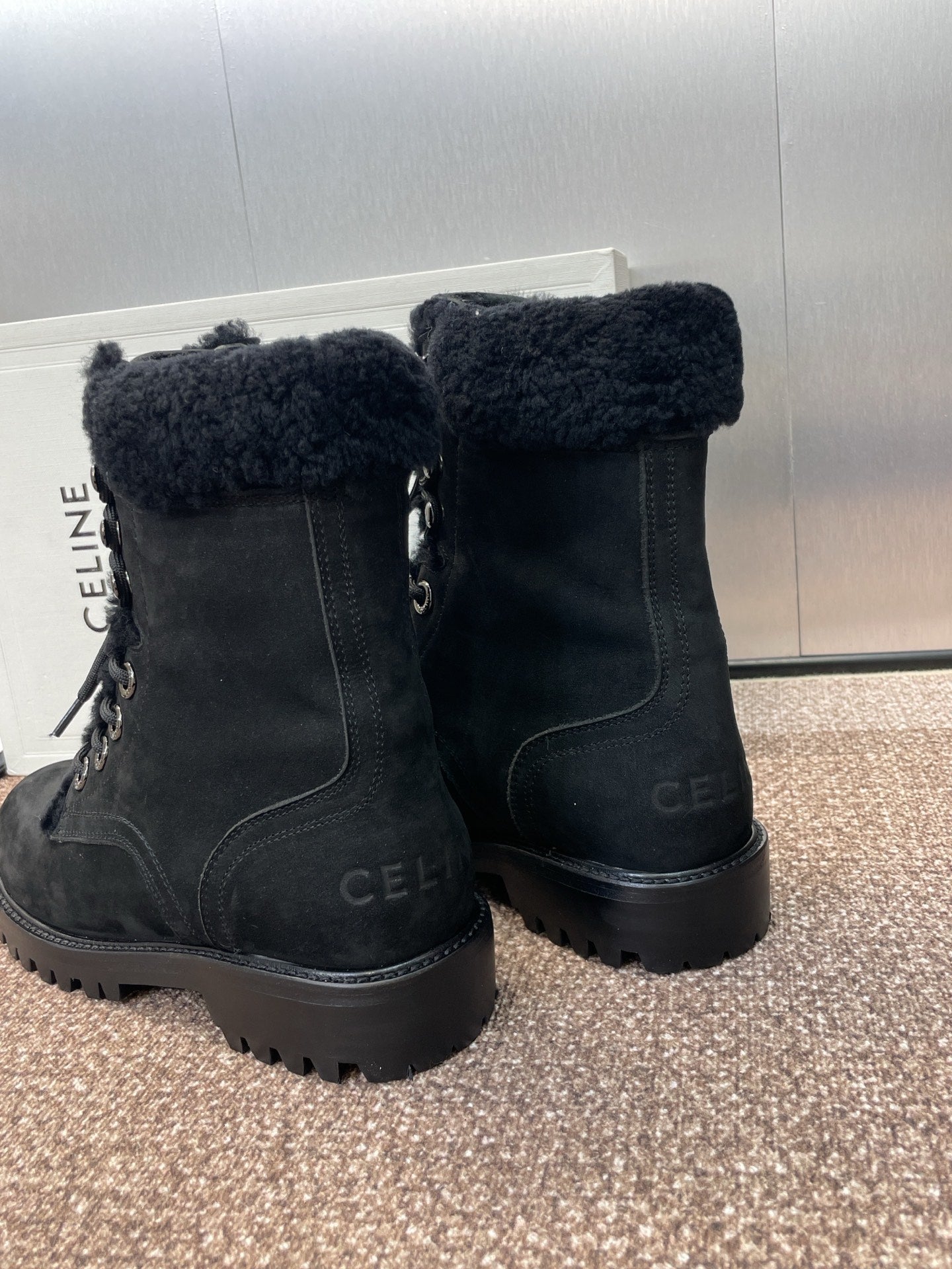 CELINE Ankle Boots Black Suede Lambswool 433387