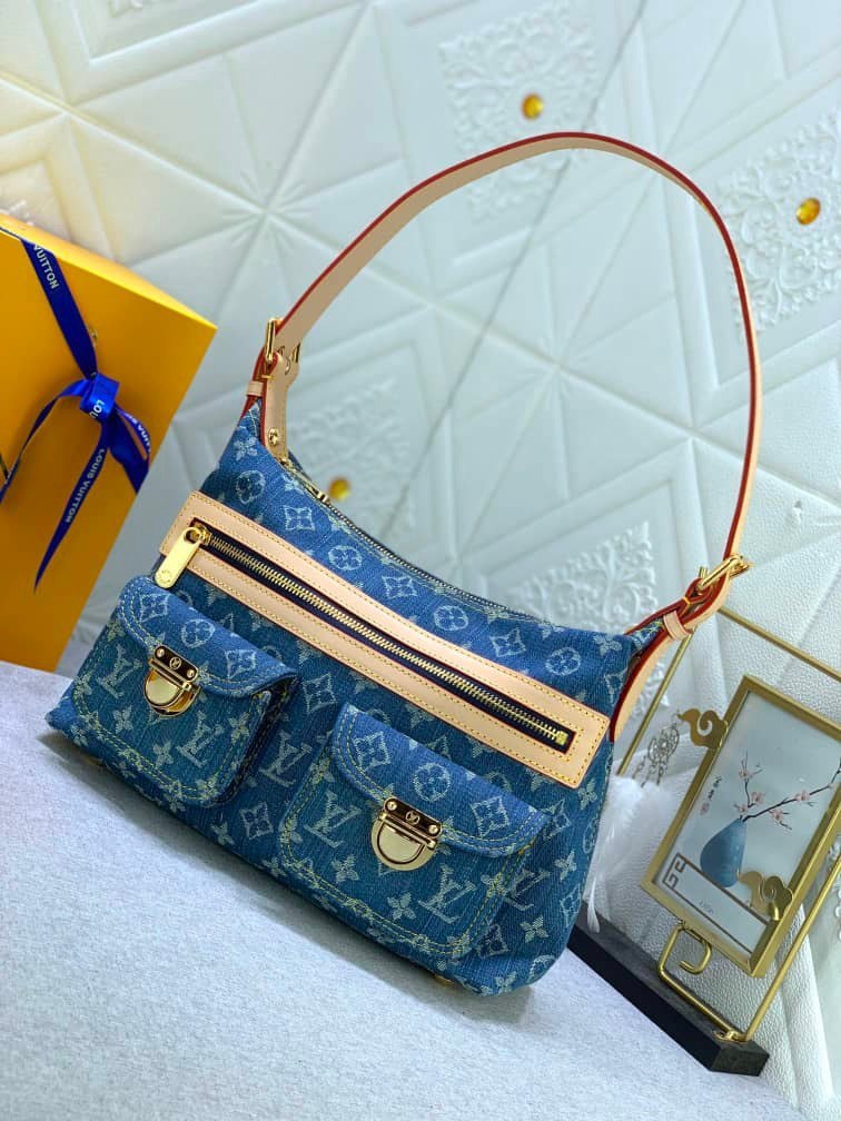 LV MONOGRAM DENIM BAGGY PM SHOULDER BAG BLUE 30CM