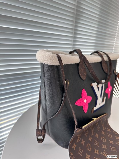 LV SHEARLING MONOGRAM NEVERFULL MM BAG BLACK 33CM