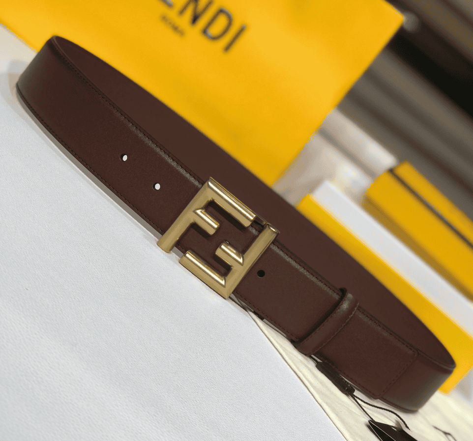 FD BROWN LEATHER BELT WITH FD GOLD BUCKLE 40MM