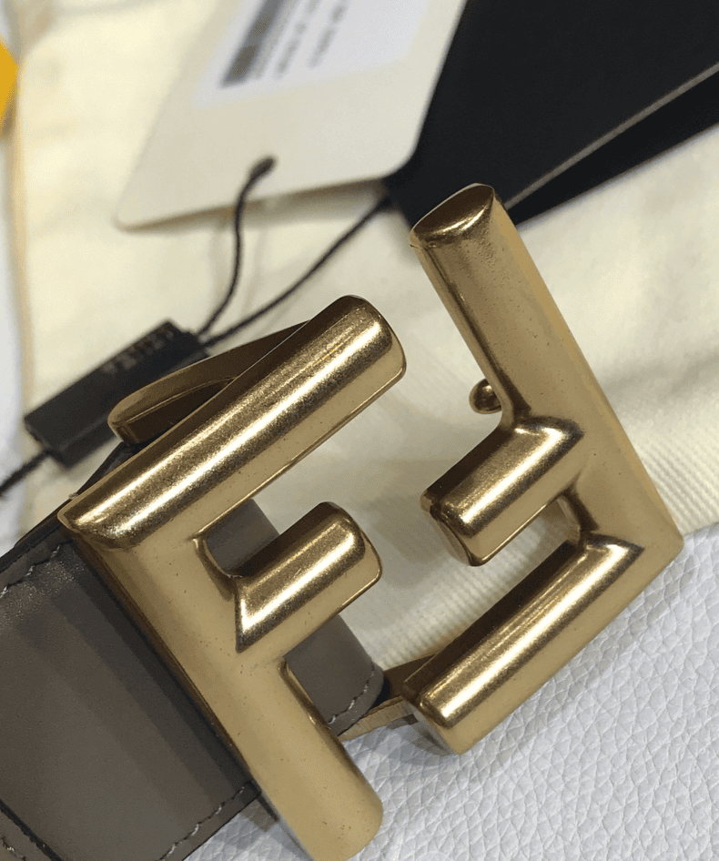 FD GREY LEATHER BELT WITH FD GOLD BUCKLE 40MM