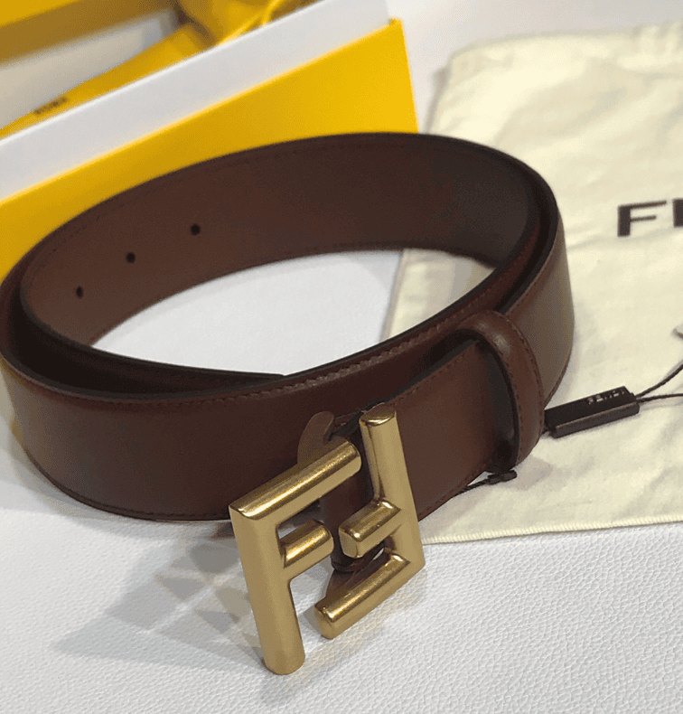 FD BROWN LEATHER BELT WITH FD GOLD BUCKLE 40MM
