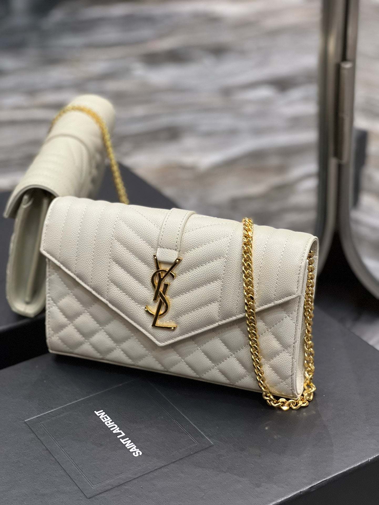 YSSL Envelope Small Chain Bag White For Women, Women’s Bags 8.6in/22cm YSL