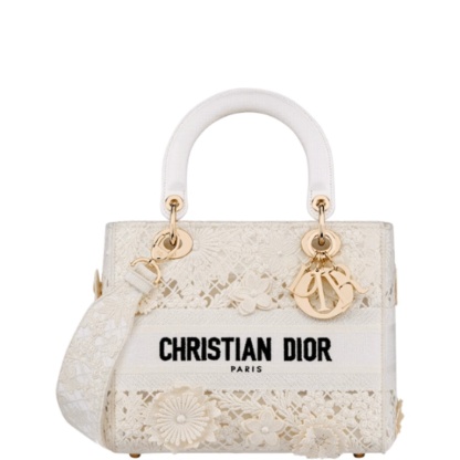 DIR MEDIUM LADY D-LITE BAG WHITE D-LACE EMBROIDERY WITH 3D MACRAME EFFECT 24CM