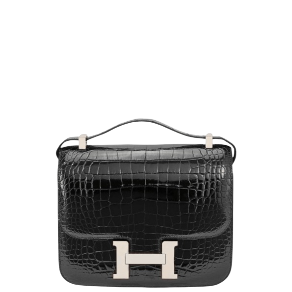 HERMÈS BLACK 19CM MINI CONSTANCE 19 SHINY ALLIGATOR PALLADIUM HARDWARE