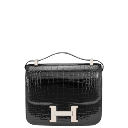 HERMÈS BLACK 19CM MINI CONSTANCE 19 SHINY ALLIGATOR PALLADIUM HARDWARE
