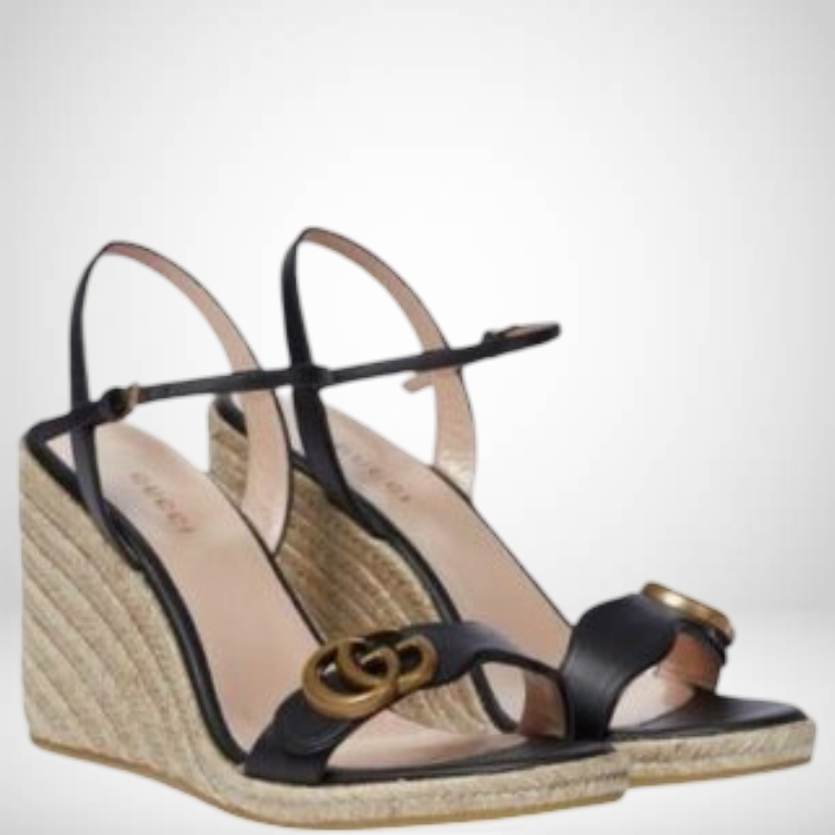 SANDAL GG BLACK 8CM LEATHER WEDGE ESPADRILLE SANDALS