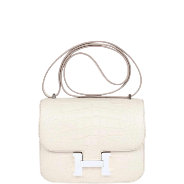HERMÈS WHITE 19CM MINI CONSTANCE 19 SHINY ALLIGATOR PALLADIUM HARDWARE