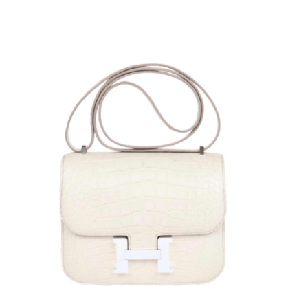 HERMÈS WHITE 19CM MINI CONSTANCE 19 SHINY ALLIGATOR PALLADIUM HARDWARE