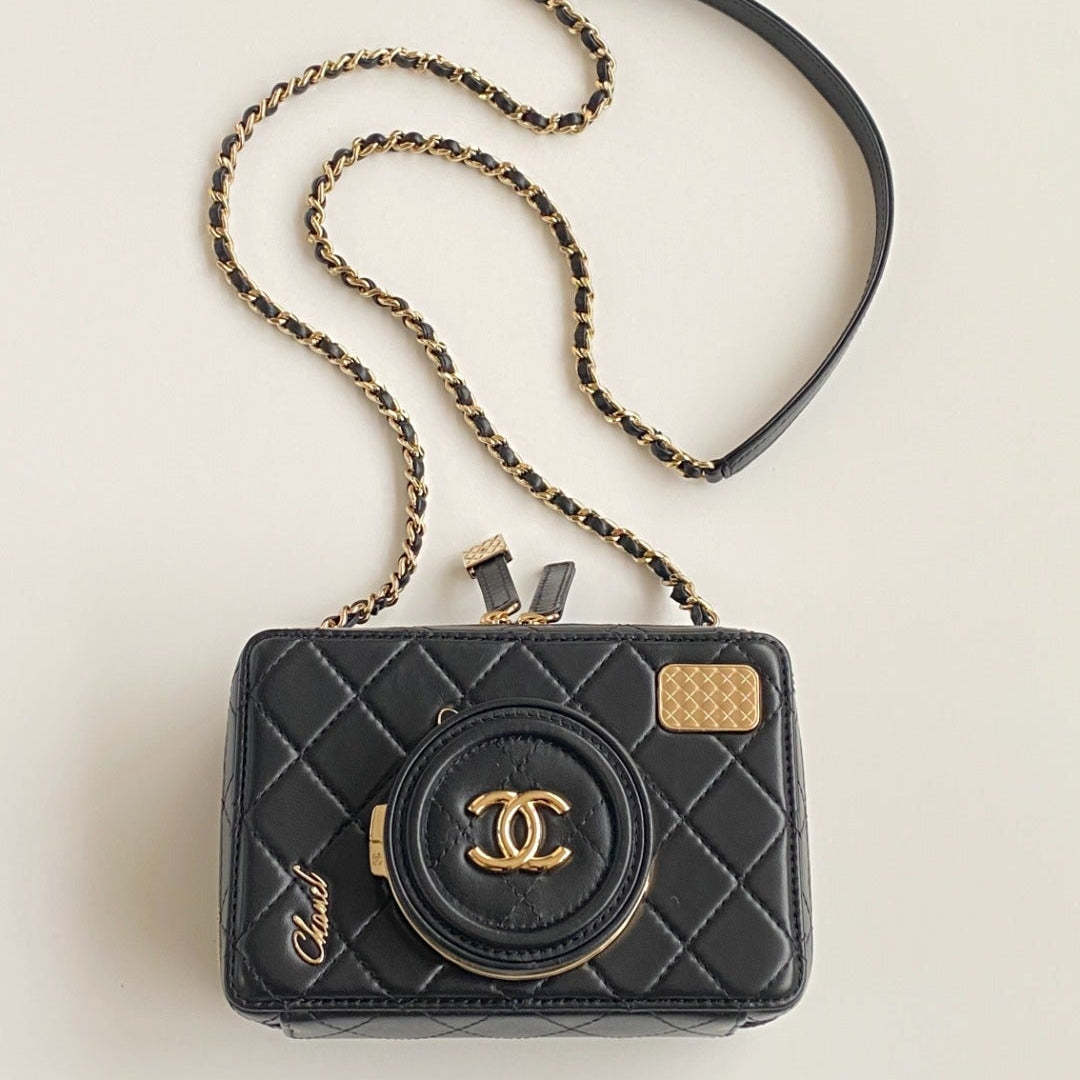 CC 2025 camera bag black lambskin gold hardware