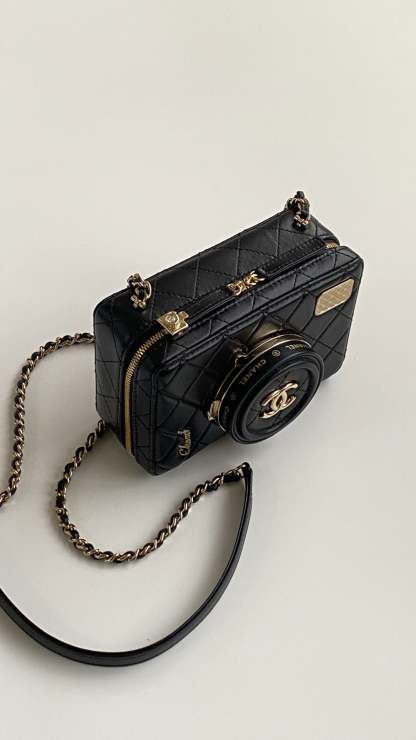 CC 2025 camera bag black lambskin gold hardware