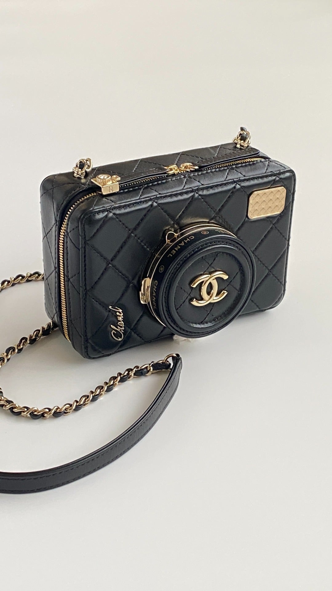 CC 2025 camera bag black lambskin gold hardware