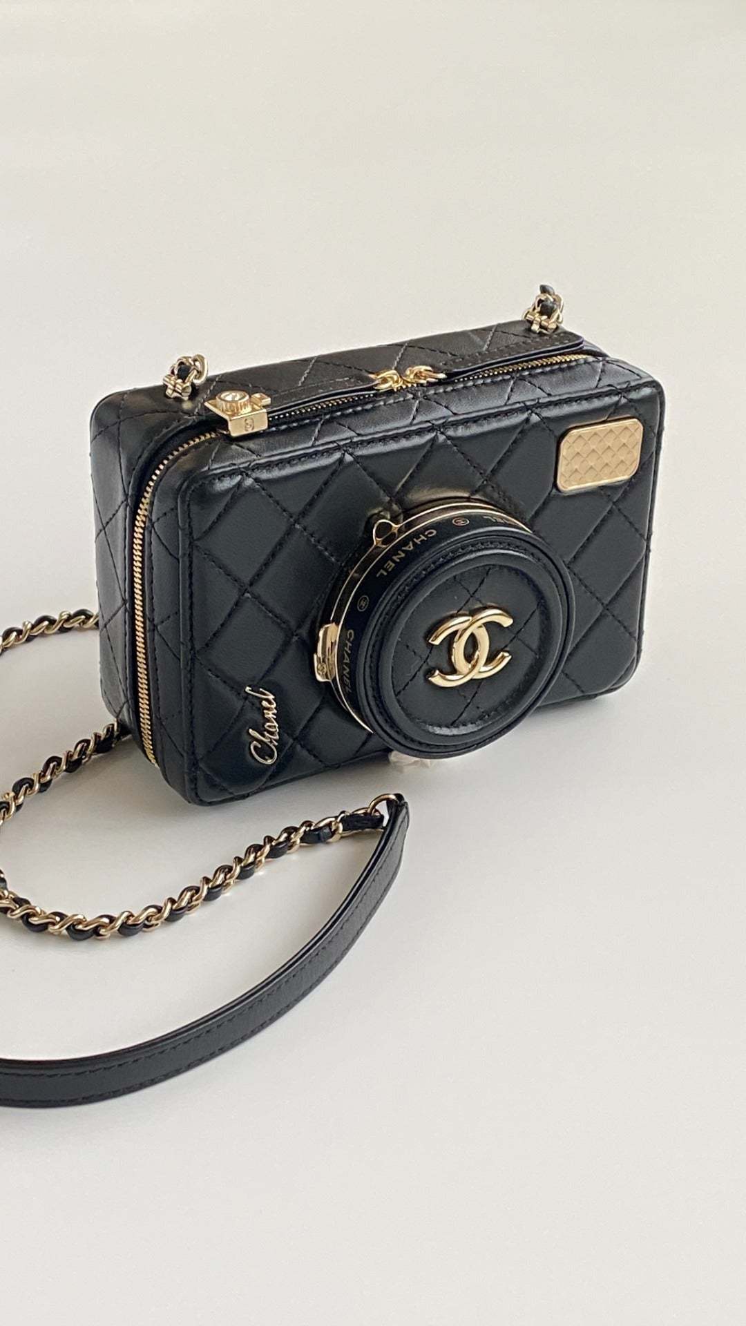 CC 2025 camera bag black lambskin gold hardware