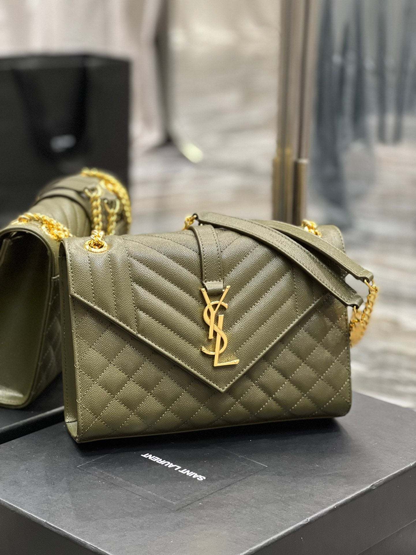 YSSL Envelope Medium Chain Bag Dark Green For Women, Women’s Bags 9.4in/24cm YSL