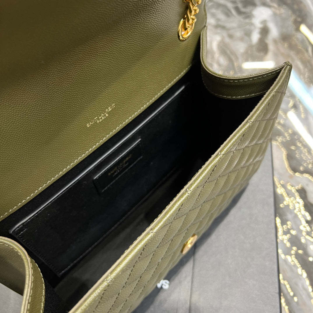 YSSL Envelope Medium Chain Bag Dark Green For Women, Women’s Bags 9.4in/24cm YSL