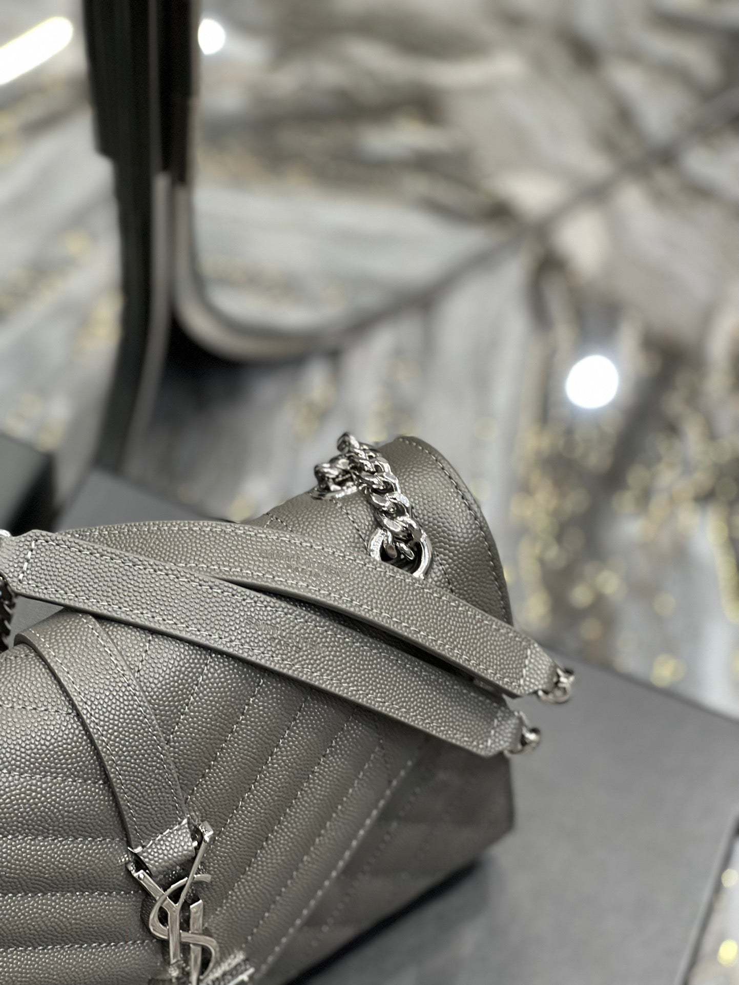 YSSL Envelope Medium Chain Bag Dark Grey For Women, Women’s Bags 9.4in/24cm YSL