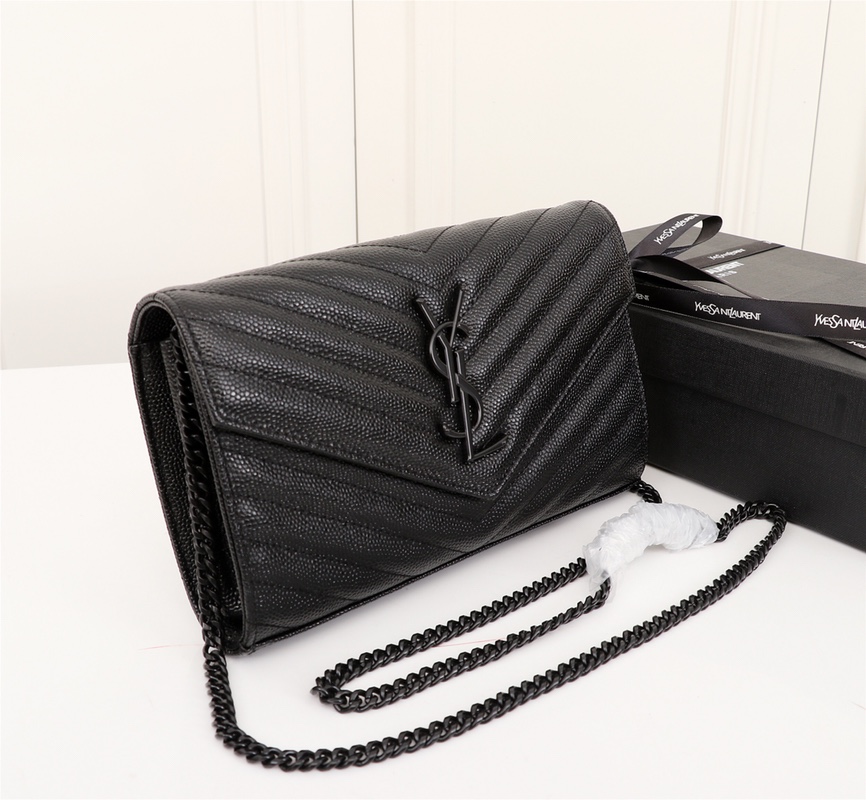 YSL CASSANDRE MATELASSÉ CHAIN WALLET IN GRAIN DE POUDRE EMBOSSED BLACK NOIR 22CM 377828BOW081000