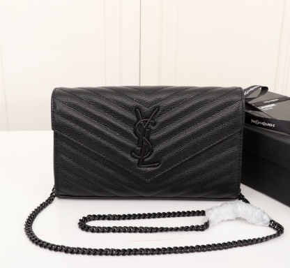 YSL CASSANDRE MATELASSÉ CHAIN WALLET IN GRAIN DE POUDRE EMBOSSED BLACK NOIR 22CM 377828BOW081000