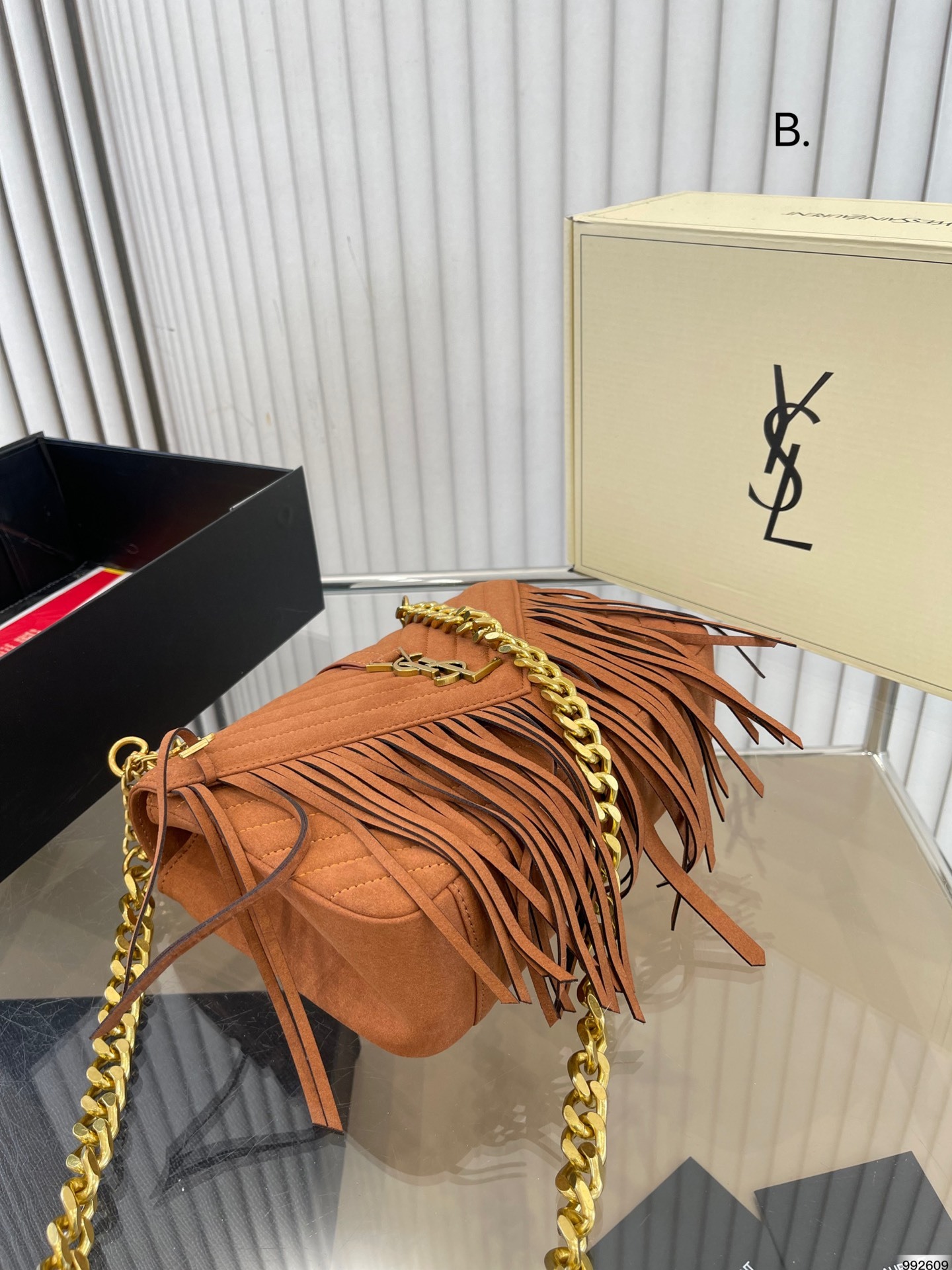 YSL COLLEGE MEDIUM FRINGED SUEDE SHOULDER BAG BROWN 24CM