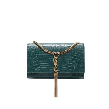 YSL KATE TASSEL MEDIUM CROCODILE EMBOSSED LEATHER GREEN WITH GOLD HARDWARE 22CM