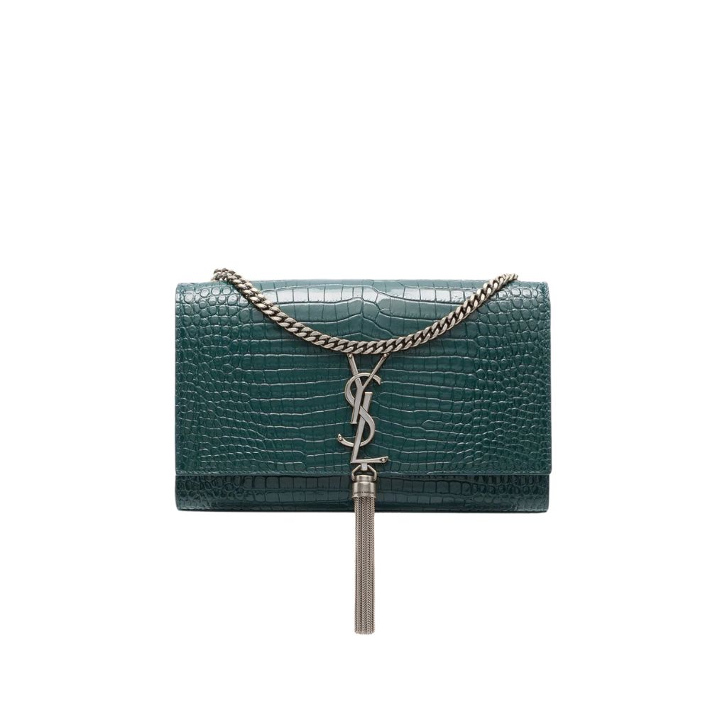 YSL KATE TASSEL MEDIUM CROCODILE EMBOSSED LEATHER WITH SILVER HARDWARE GREEN 22CM