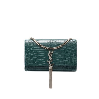 YSL KATE TASSEL MEDIUM CROCODILE EMBOSSED LEATHER WITH SILVER HARDWARE GREEN 22CM