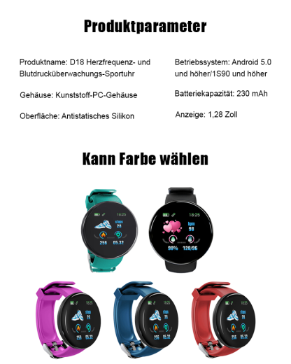 D18 Herzfrequenz- und Blutdrucküberwachungs-Sportuhr