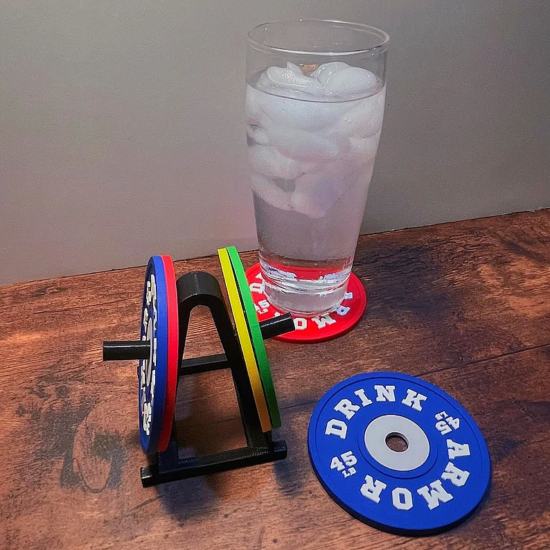 Set of 4 Weight Plate Coaster And Rack Holder