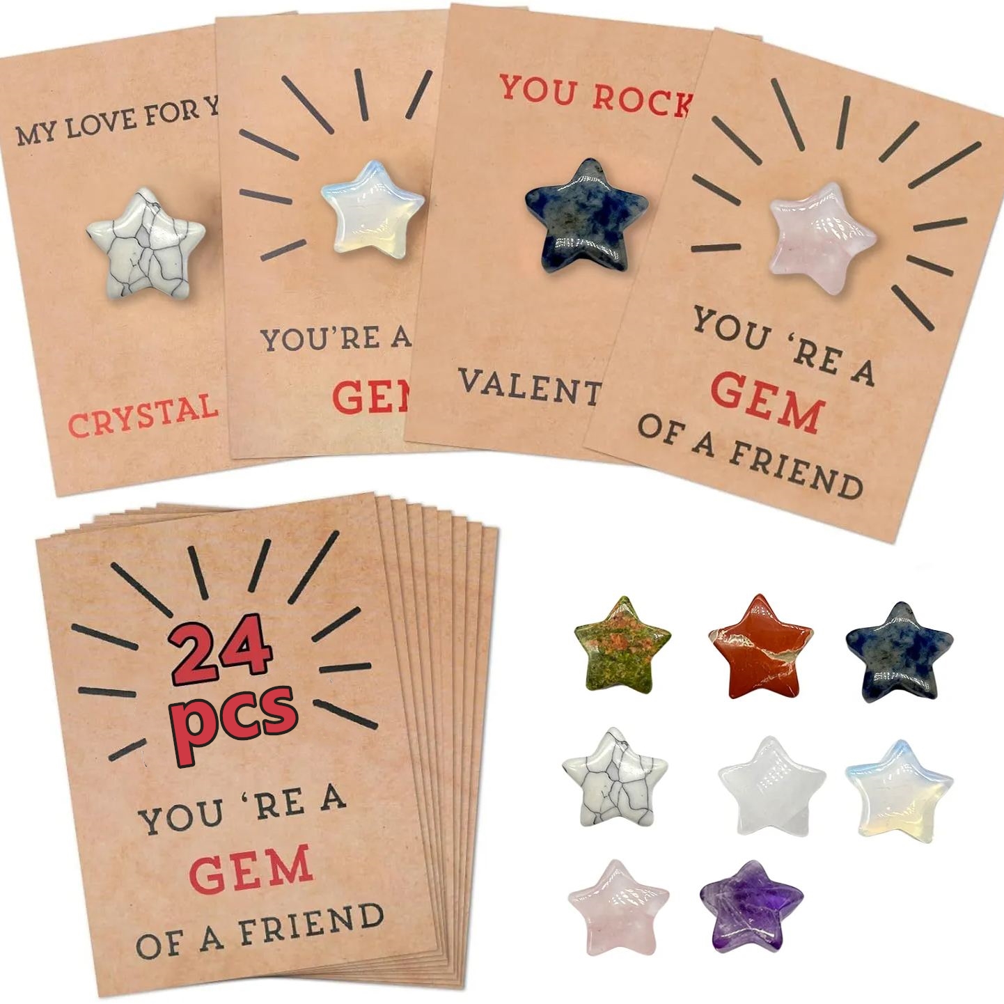 24PCs Valentines Cards with Star-Shape Crystals-Valentines Day Gifts for Kids