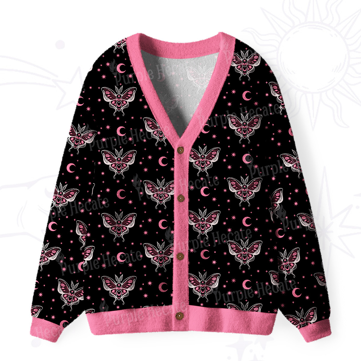 Purplehecate Witchy Lunar Moth Night Ugly Cardigan Sweaters