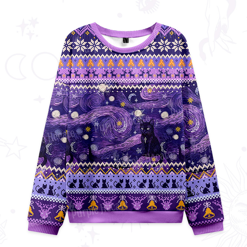 Purplehecate Mystic Cat Beneath the Cosmic Veil Ugly Christmas Sweatshirts