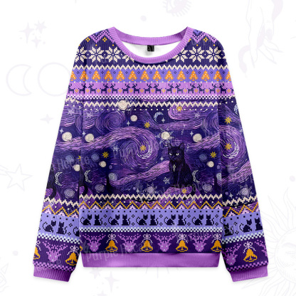 Purplehecate Mystic Cat Beneath the Cosmic Veil Ugly Christmas Sweatshirts