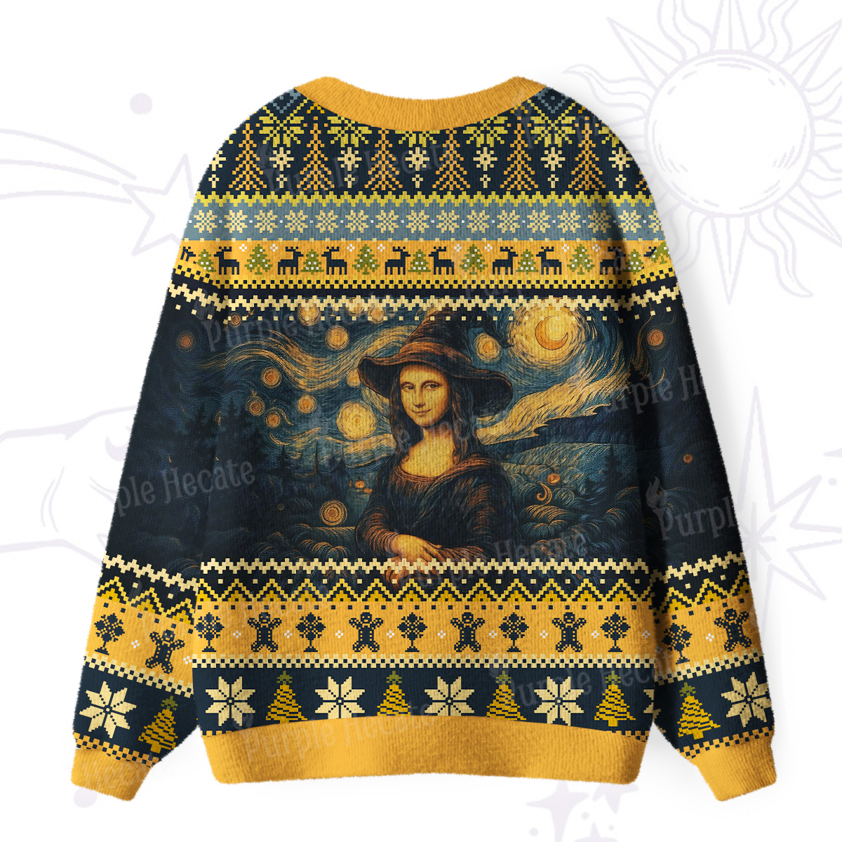 Purplehecate Mona Lisa Under the Starry Sky Ugly Cardigan Sweaters