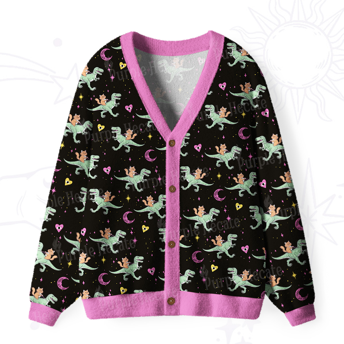 Purplehecate Witch Cat Rides the Dino Ugly Cardigan Sweaters