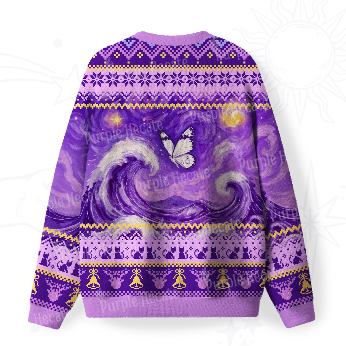 Purplehecate Celestial Butterfly Waves Fuzzy Ugly Christmas Sweatshirt