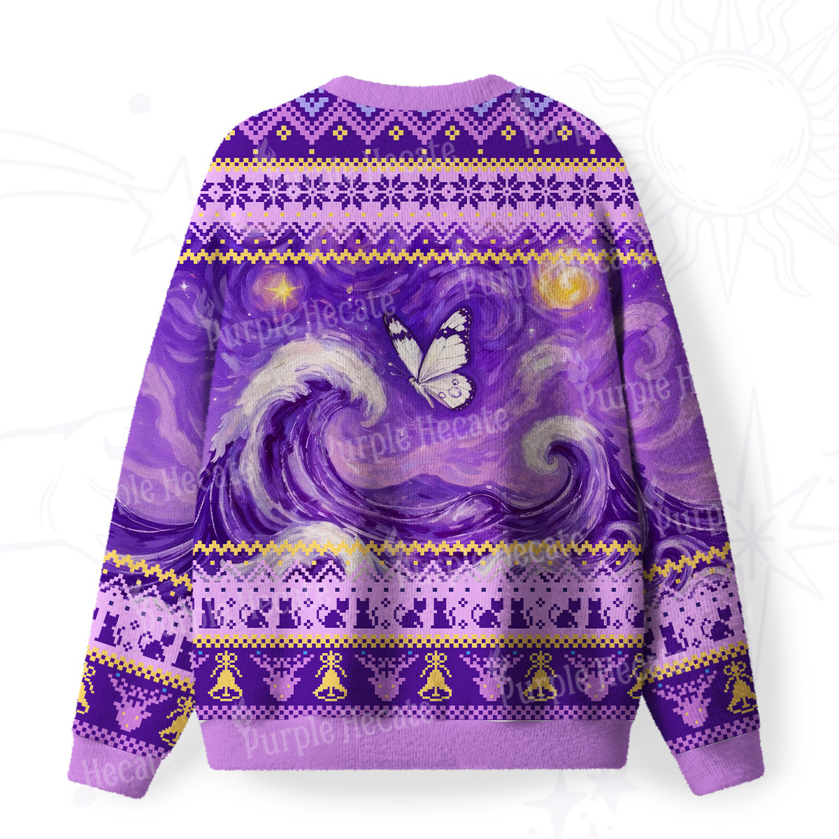 Purplehecate Celestial Butterfly Waves Fuzzy Ugly Christmas Sweatshirt