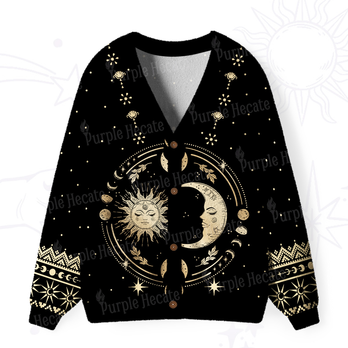 Purplehecate Celestial Sun and Moon Ugly Cardigan Sweaters