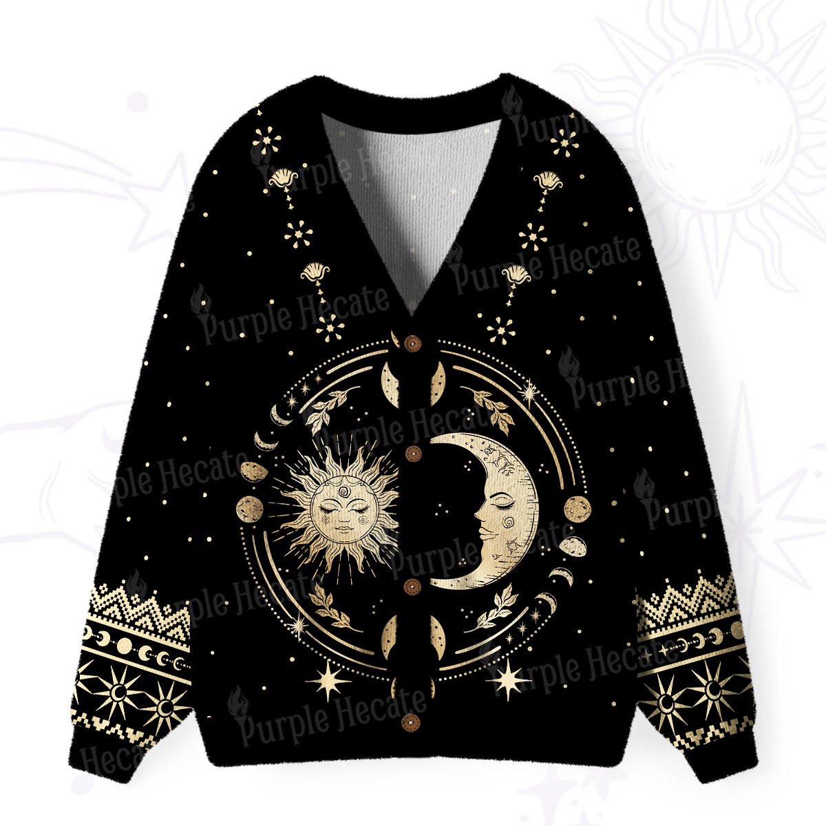 Purplehecate Celestial Sun and Moon Ugly Cardigan Sweaters