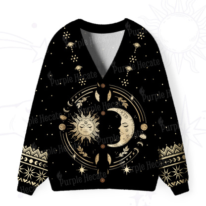 Purplehecate Celestial Sun and Moon Ugly Cardigan Sweaters