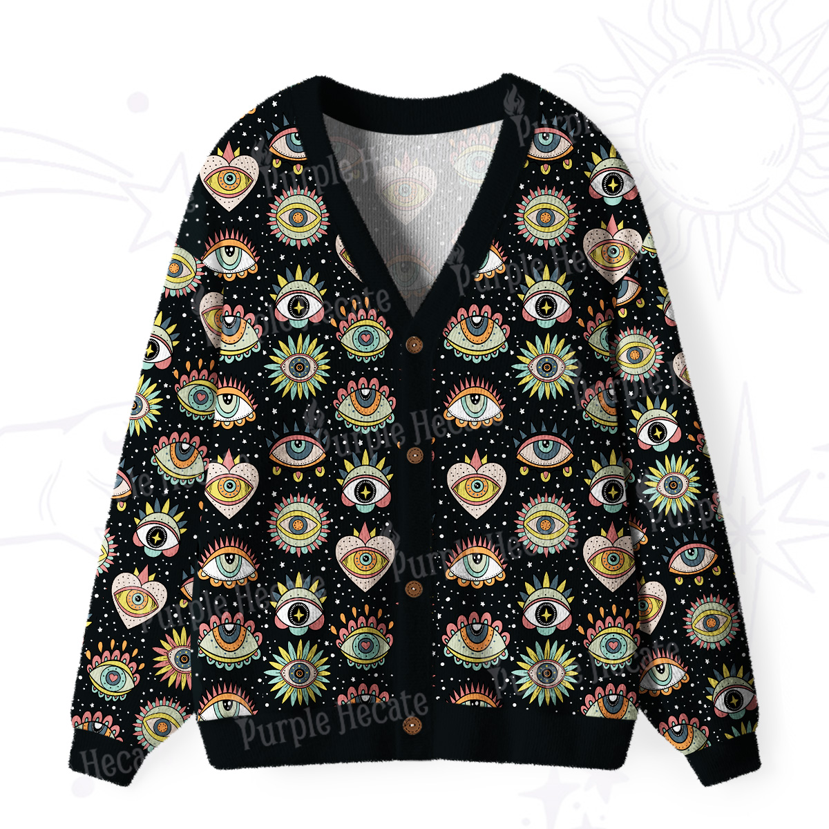 Purplehecate Mystical Evil Eye Pattern Ugly Cardigan Sweaters