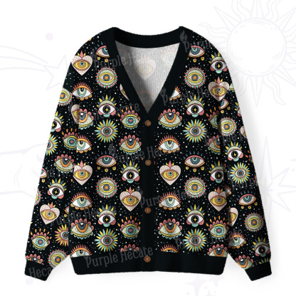 Purplehecate Mystical Evil Eye Pattern Ugly Cardigan Sweaters
