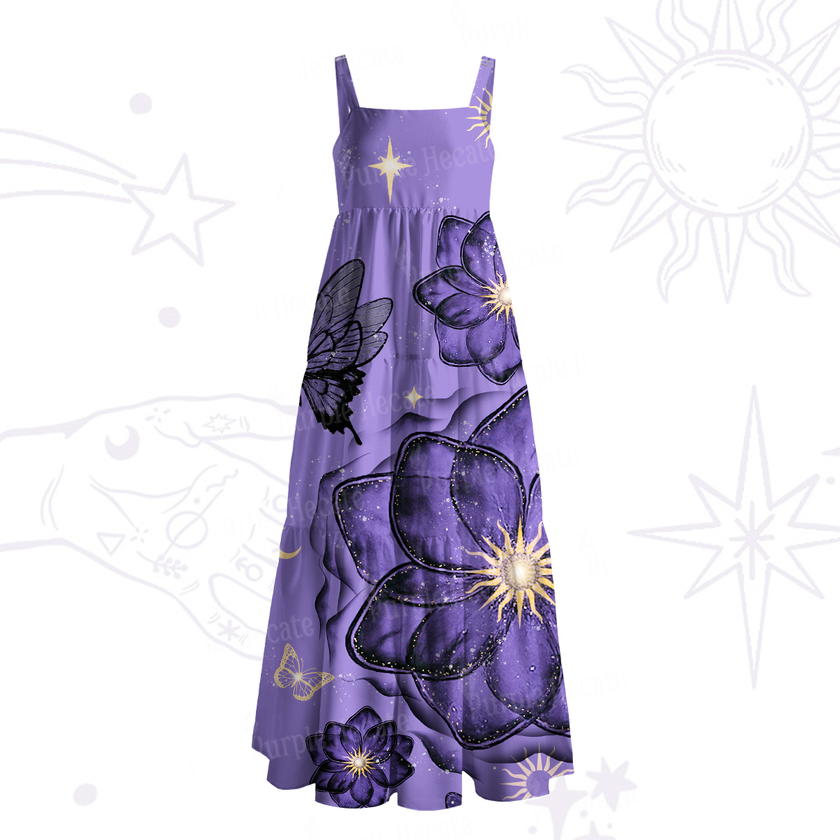 Purplehecate Moonlit Petals and Wings Wide Straps Maxi Dress