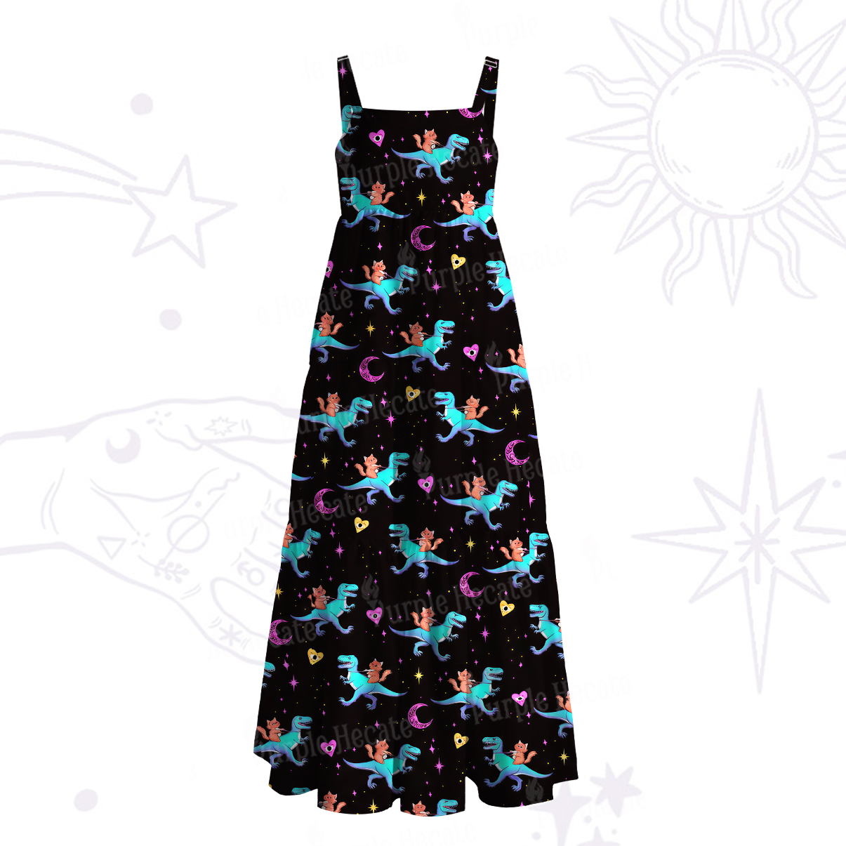 Purplehecate Witch Cat Rides the Dino Wide Straps Maxi Dress