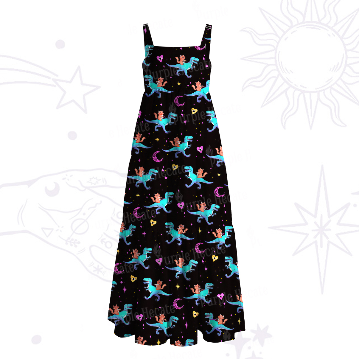 Purplehecate Witch Cat Rides the Dino Wide Straps Maxi Dress