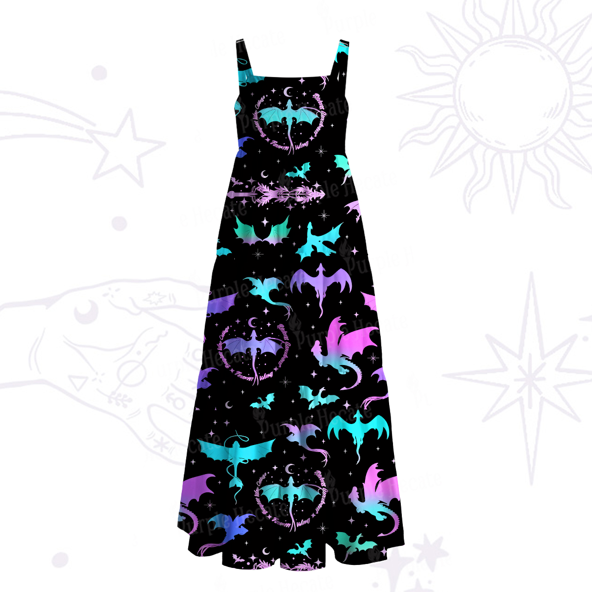 Purplehecate Neon Fantasy Dragon Allover Wide Straps Maxi Dress