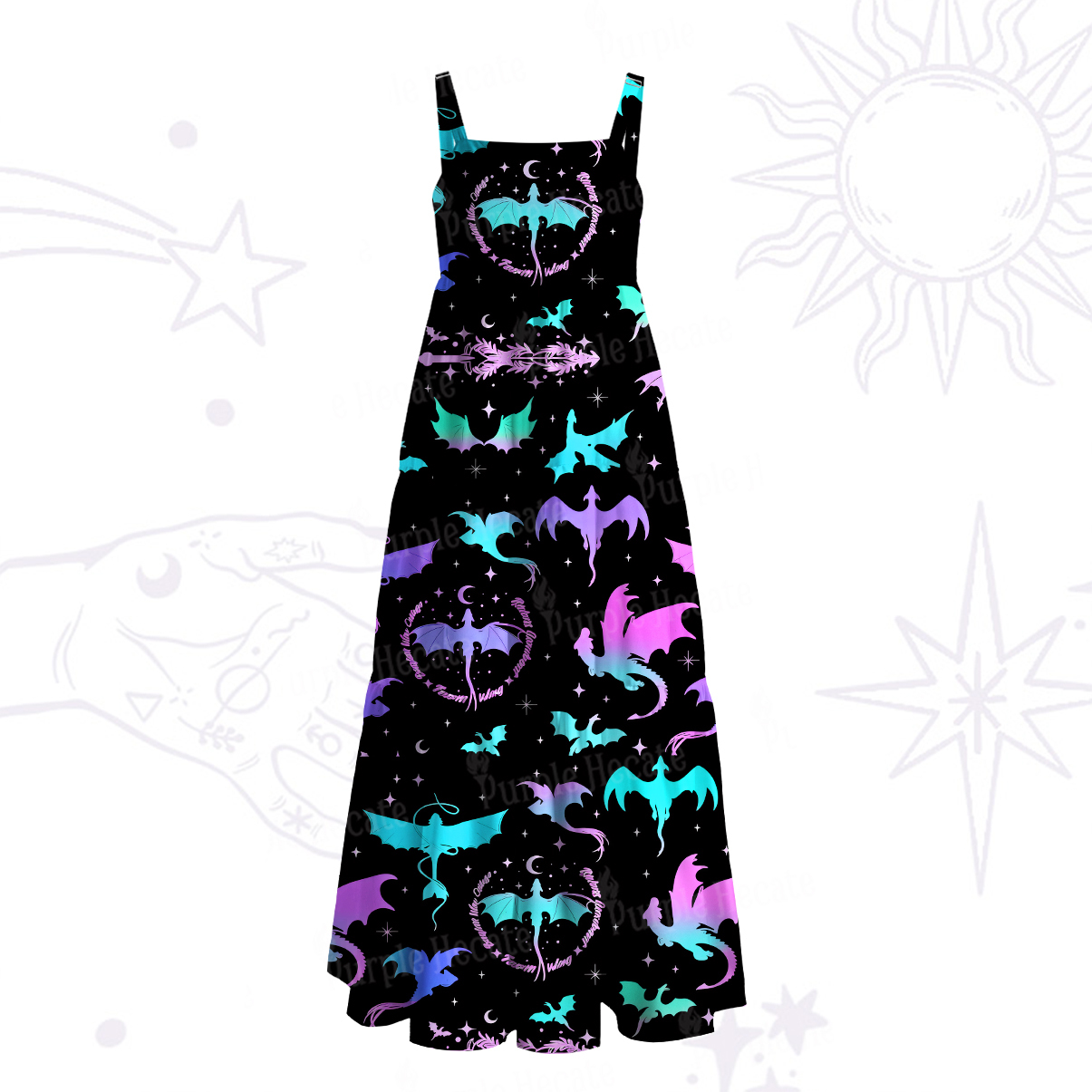 Purplehecate Neon Fantasy Dragon Allover Wide Straps Maxi Dress